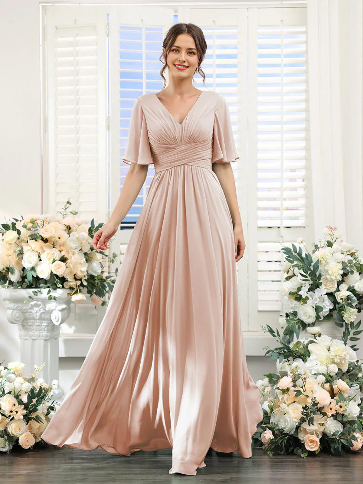 Vestido de dama de honor de manga corta con escote en V y corte A para invitada de boda, largo de gasa, vestido formal de fiesta con abertura
